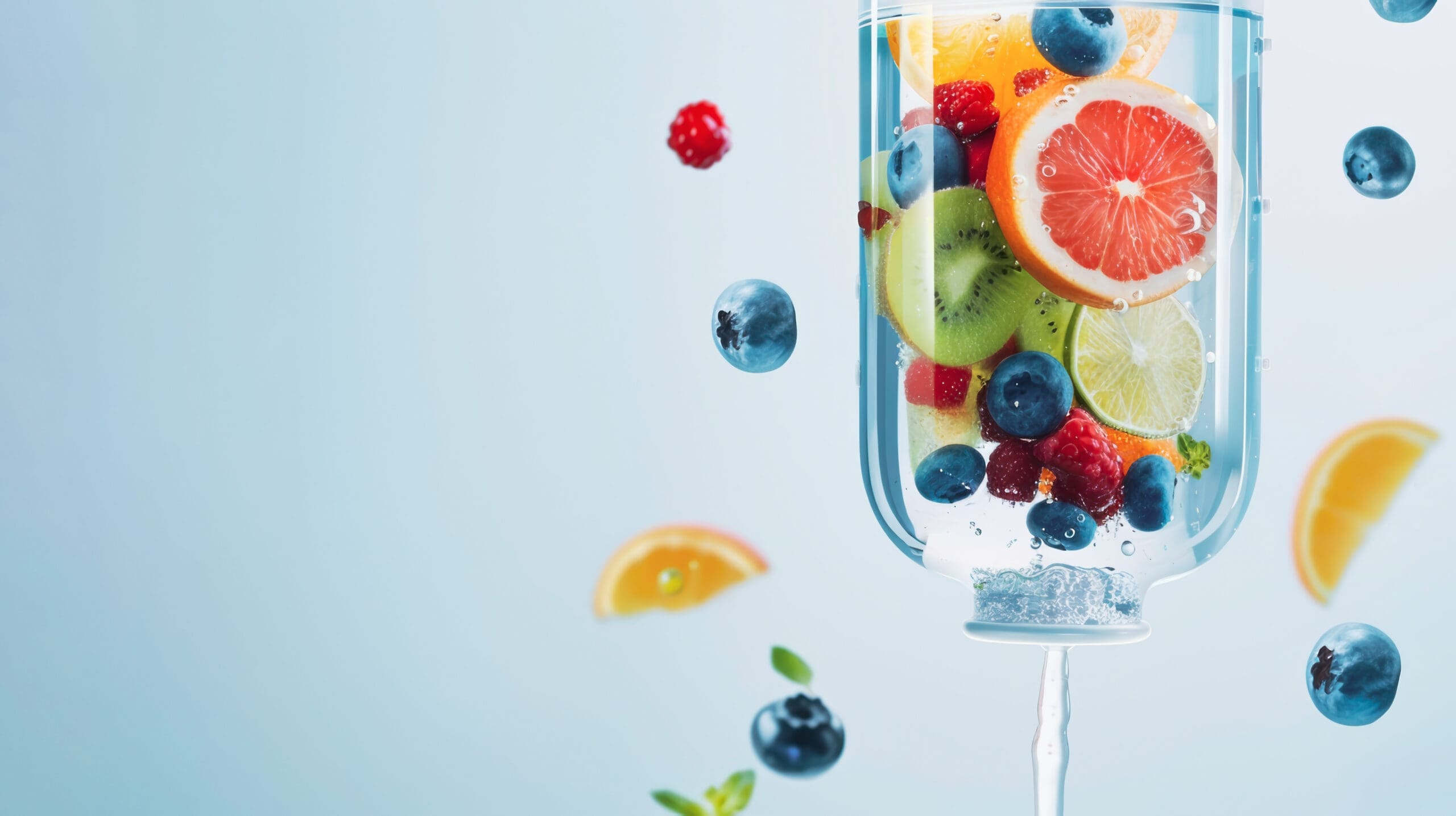 Fresh fruit in a glass with a blue background. Fruit includes blueberries, raspberries, orange slices, and kiwi.