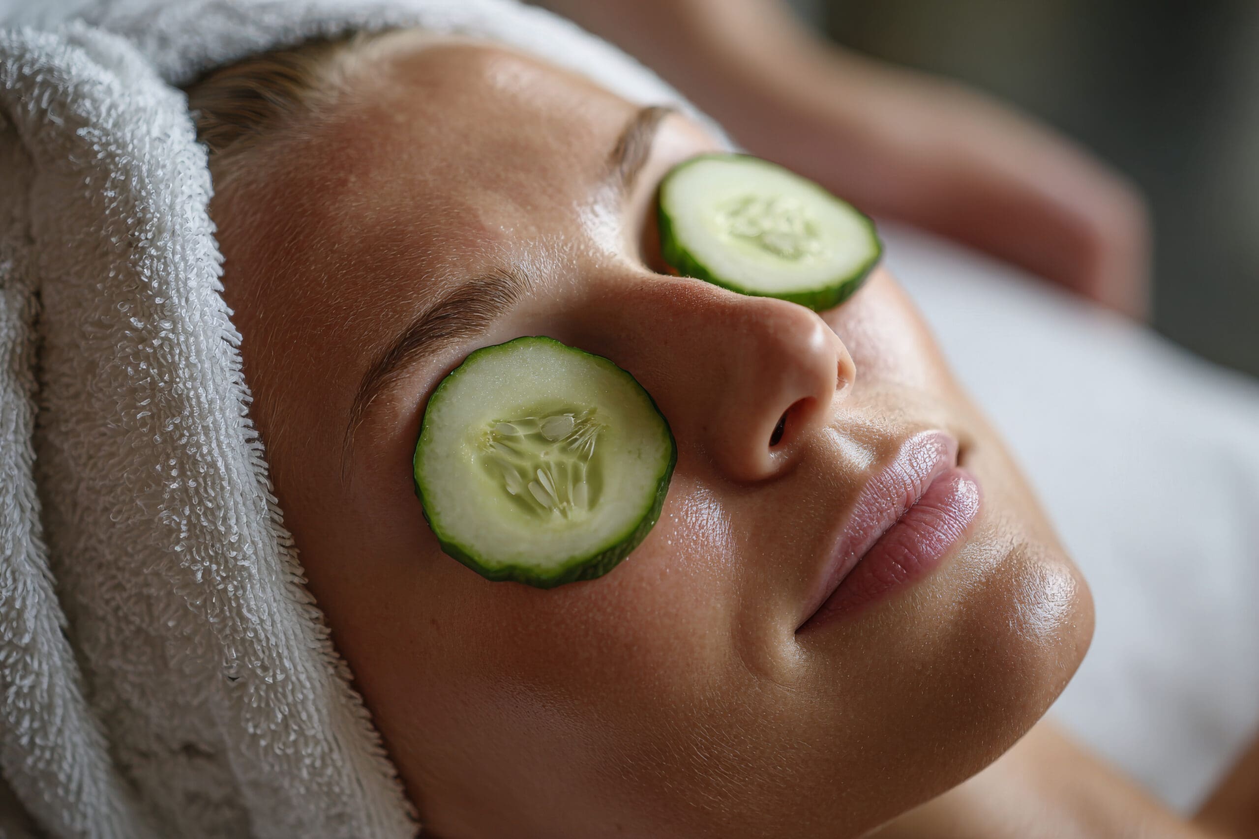 Beautiful woman with cucumber slice on her eye relaxing with towel wrapped on head enjoying spa treatment and skin care at home